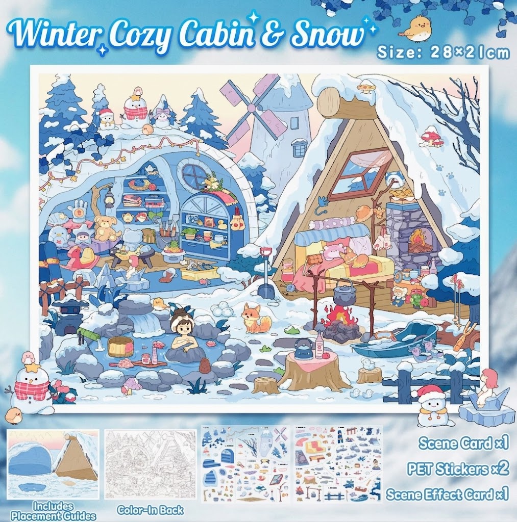 【Free Shipping Over $20】Winter Cozy Cabin & Snow 3D Diorama Scene Sticker