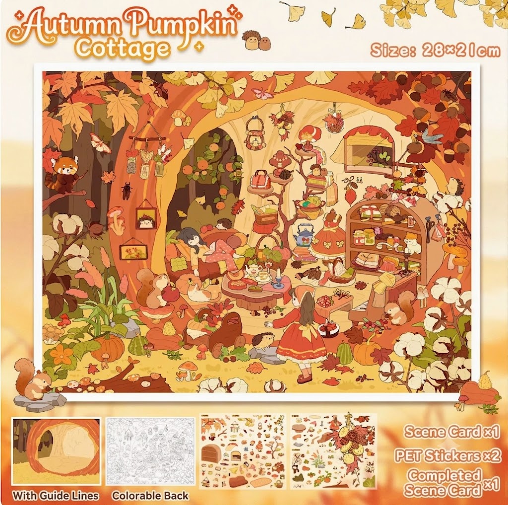 【Free Shipping Over $20】Autumn Pumpkin Cottage 3D Diorama Scene Sticker