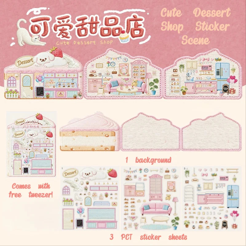 Embroidered Storefronts: Foldable Sticker Scene Collection