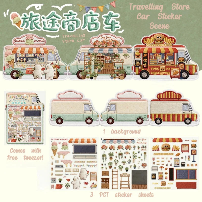 Embroidered Storefronts: Foldable Sticker Scene Collection
