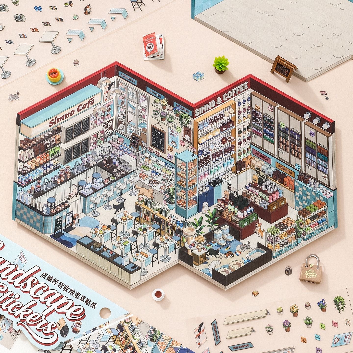Xinmo Store Management & Storage Scene-Building 6.0 – Stacking and Collage Scene Stickers for Cafés, Dessert Shops
