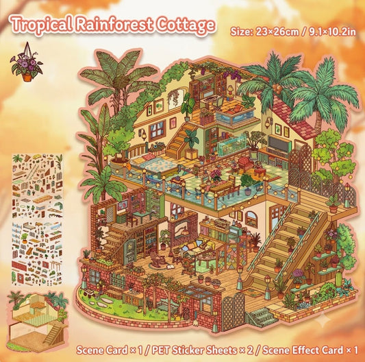 【Free Shipping Over $20】Tropical Rainforest Cottage 3D Diorama Scene Sticker
