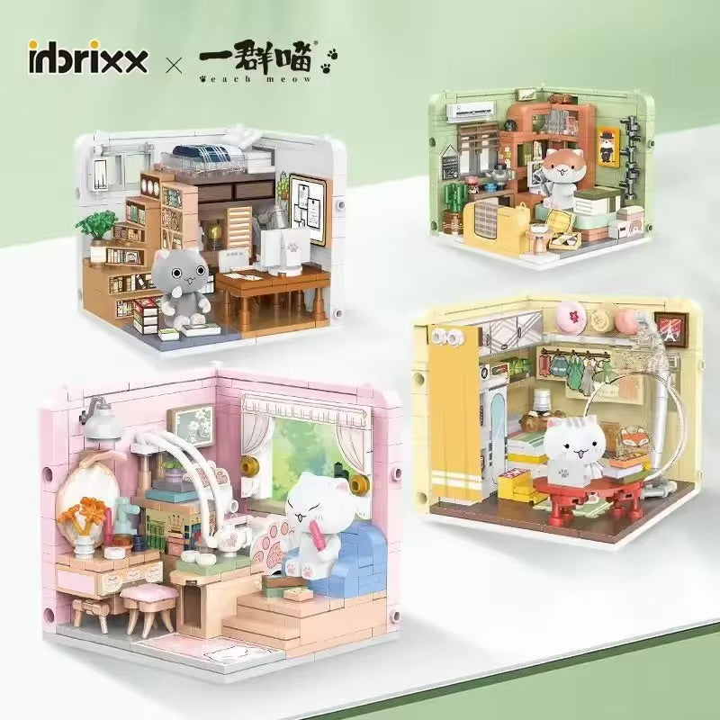 Creative Inbrixx Cats Room Building Blocks Anime Scene DIY House Bed TV Assembly Bricks Decoration Education Toys for Girl Gift
