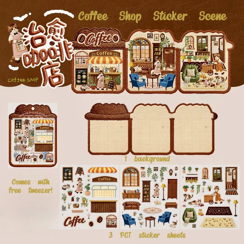 Embroidered Storefronts: Foldable Sticker Scene Collection