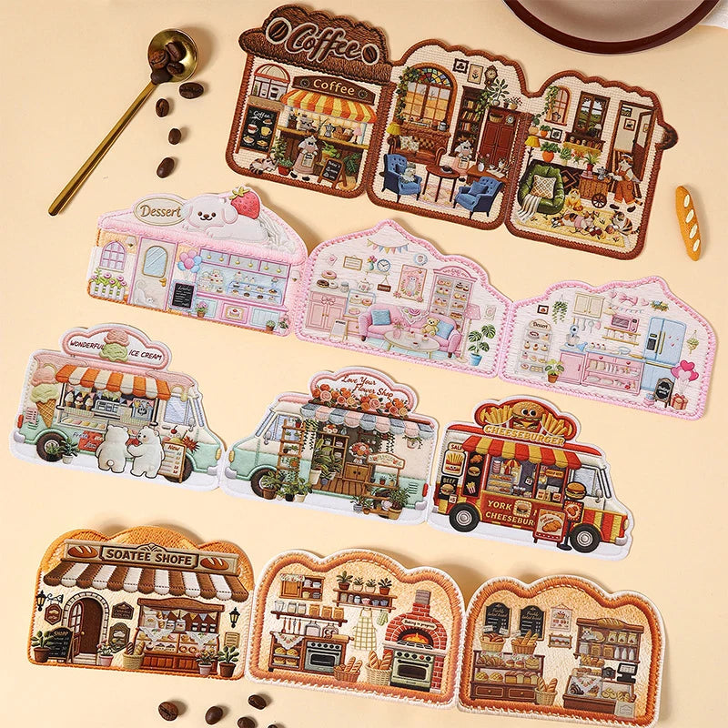 Embroidered Storefronts: Foldable Sticker Scene Collection