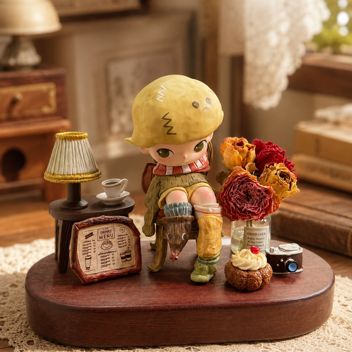 Handmade D1m00 Puppy Sock Walnut Wood Display Decor-Vintage cozy lifestyle scene